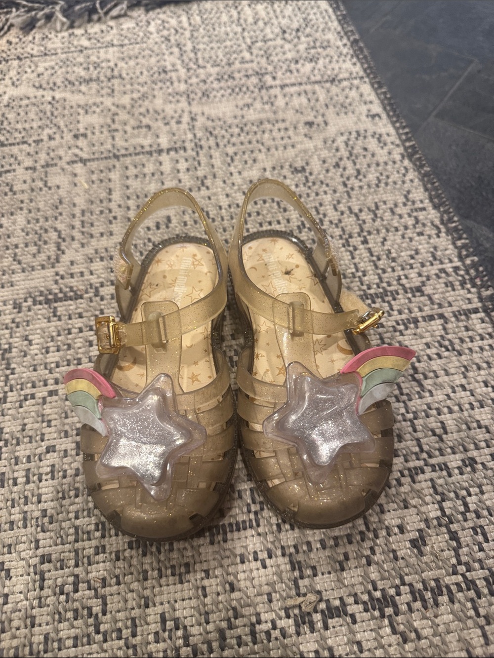 Mini melissa Kids Glitter Jelly Sandals with Star & Rainbow Accent - Gold